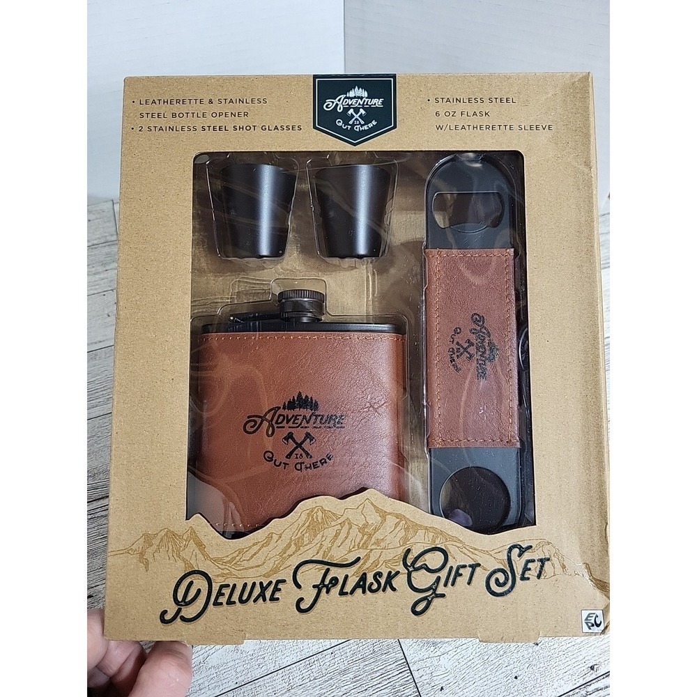 Deluxe Flask &‎ Bottle Opener Set Adventure Out There Gift Set Flask NEW